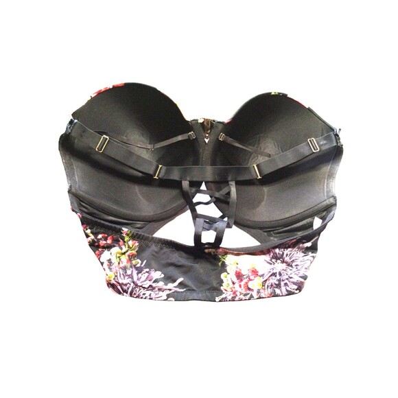Cacique Bra 44F Racer Back Front Gold Bar Enclosure Black Floral Lace EUC - Picture 3 of 11
